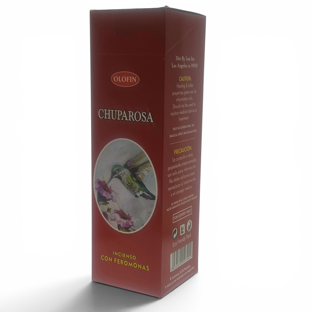 A tall, narrow reddish-brown box for Olofin Chuparosa incense with a circular illustration of a hummingbird on the front, photographed on a white background.