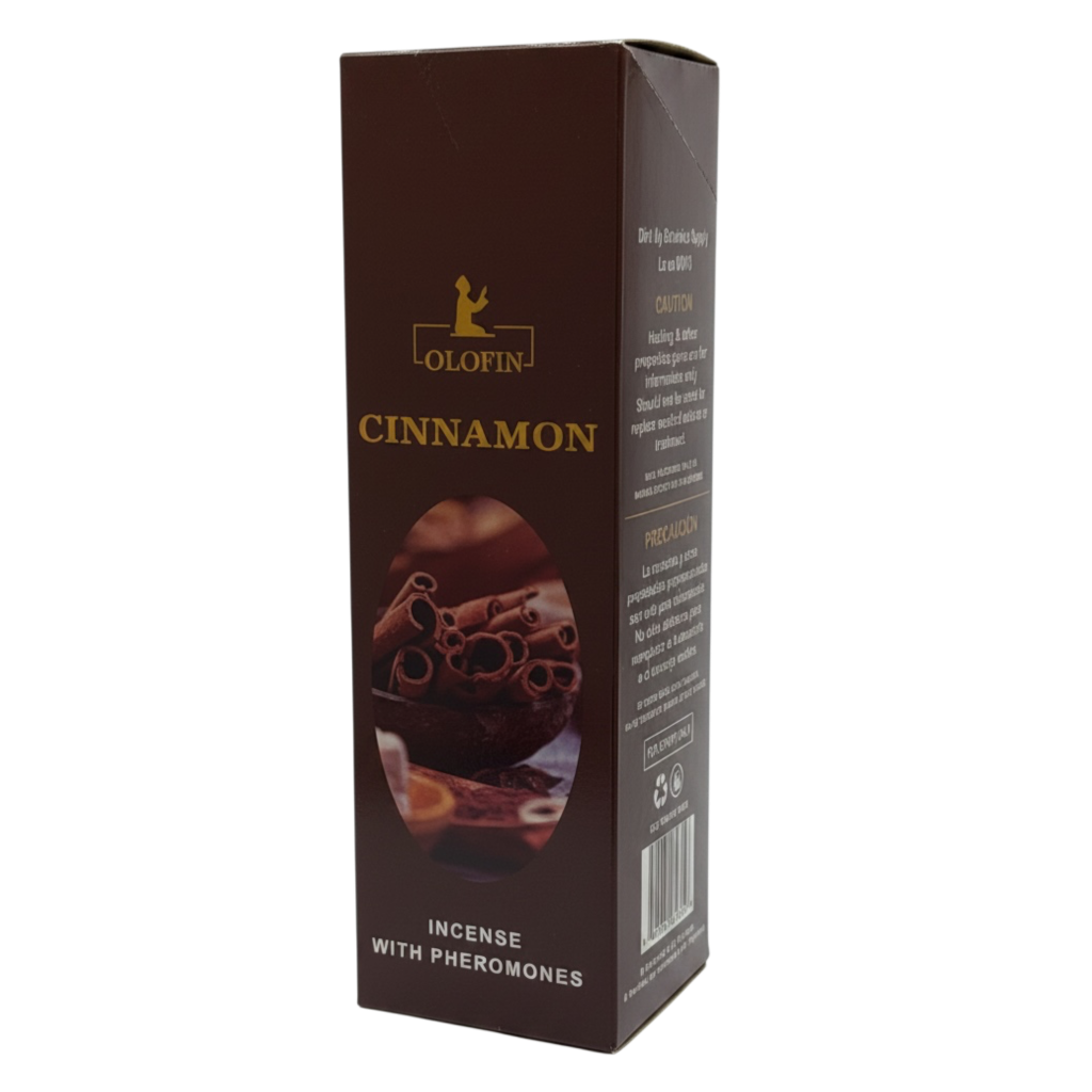A tall, dark brown rectangular box of Olofin Cinnamon Incense with Pheromones, featuring gold lettering and a graphic of cinnamon sticks on a white background.