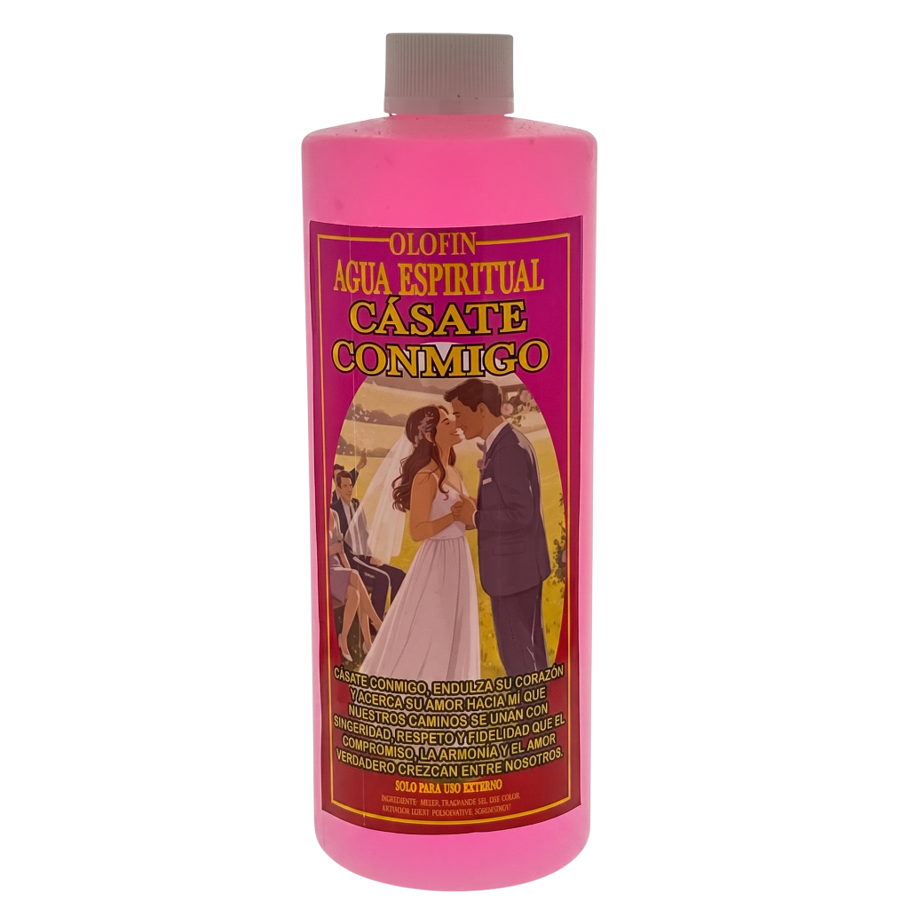 A pink plastic bottle of Olofin Agua Espiritual Casate Conmigo, featuring a vintage-style label with a couple embracing and yellow text, set against a plain white background.