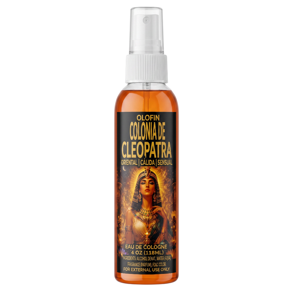 A 4 oz spray bottle of Olofin Colonia de Cleopatra Eau de Cologne, featuring an amber-colored liquid inside a clear bottle with a white spray cap and a black label depicting an ancient Egyptian queen.