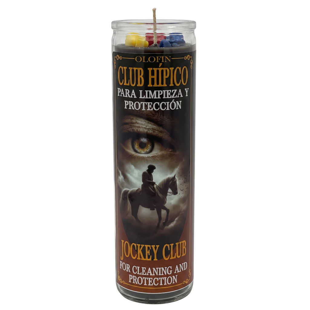 A tall glass jar candle with a clear lid and visible wick, featuring a dark printed label that reads 'OLFIN CLUB HIPICO PARA LIMPIEZA Y PROTECCIÓN' and 'JOCKEY CLUB FOR CLEANING AND PROTECTION,' with an eye and rider-on-horse graphic. Multicolored wax pieces are visible at the top.