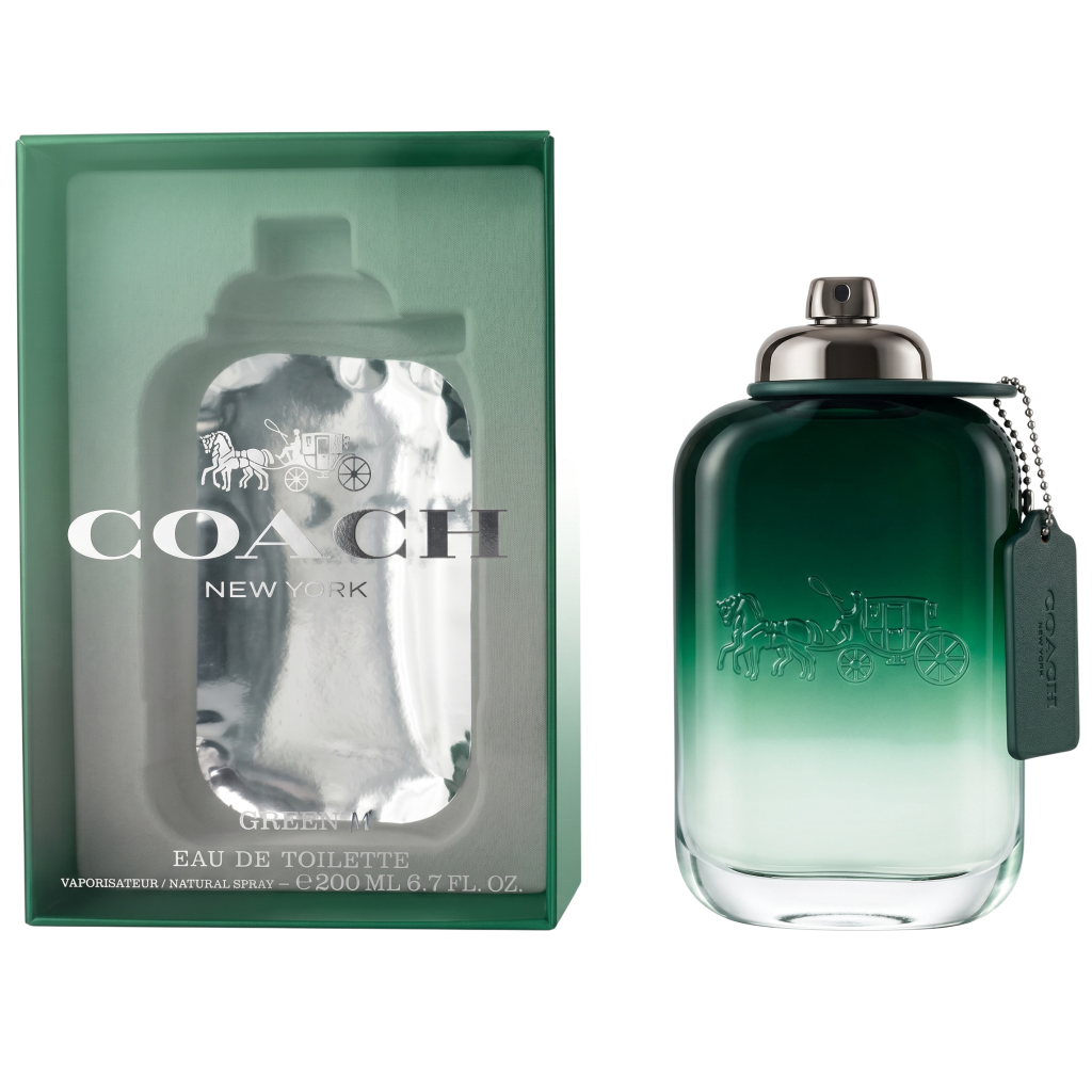 Coach New York Green Eau de Toilette bottle and packaging on a white background