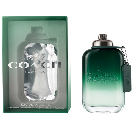 Coach New York Green Eau de Toilette bottle and packaging on a white background