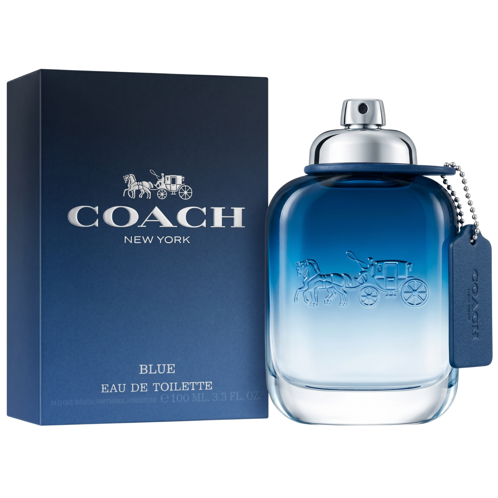 Coach New York Blue Eau de Toilette bottle and packaging on a white background