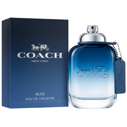 Coach New York Blue Eau de Toilette bottle and packaging on a white background