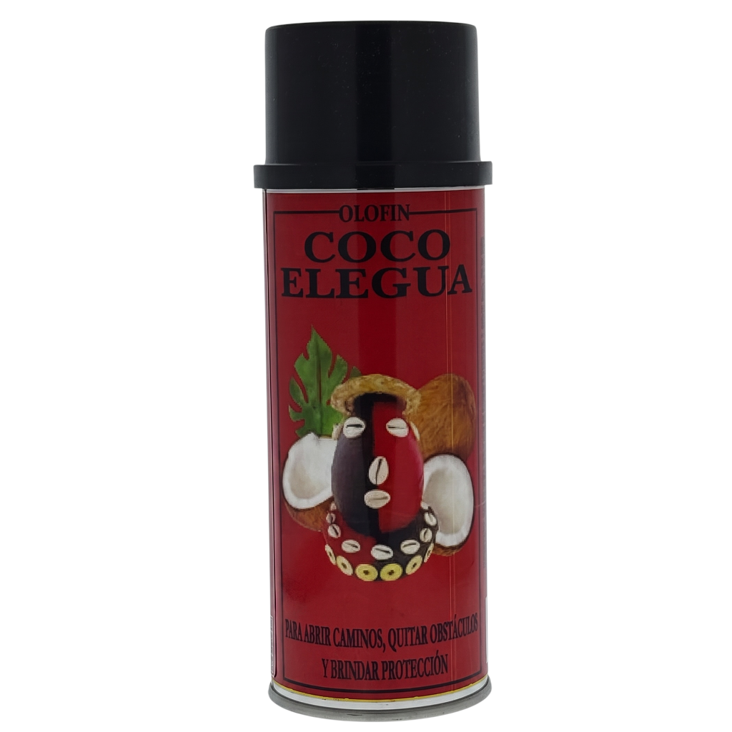 A can of Olofin Coco Elegua spiritual spray with a red label and black cap, shown on a plain white background.