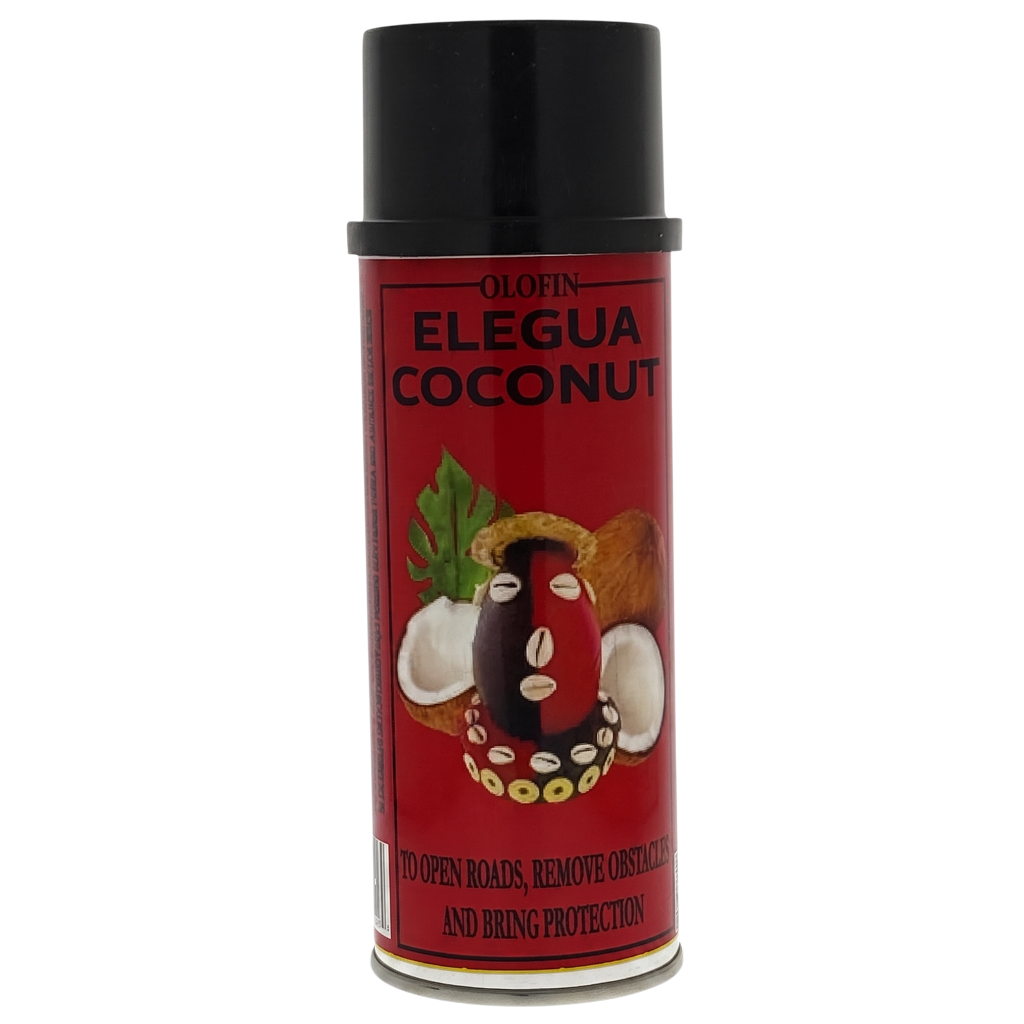 A can of Olfin Elegua Coconut road repelling spray with a red label and black cap, shown on a plain white background.