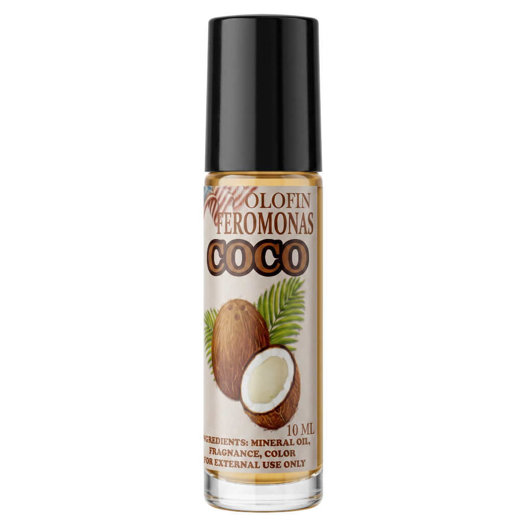 A 10 ml roll-on bottle of W3O Lofin Peromonas Coco fragrance and color oil, featuring a black cap and a label with a coconut illustration on a white background.