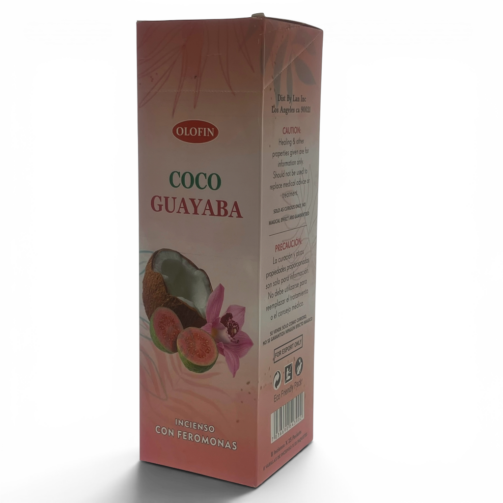 A tall rectangular Olofin Coco Guayaba incense stick box, featuring a pink and peach design with illustrations of a guava fruit, a coconut, and a pink flower.