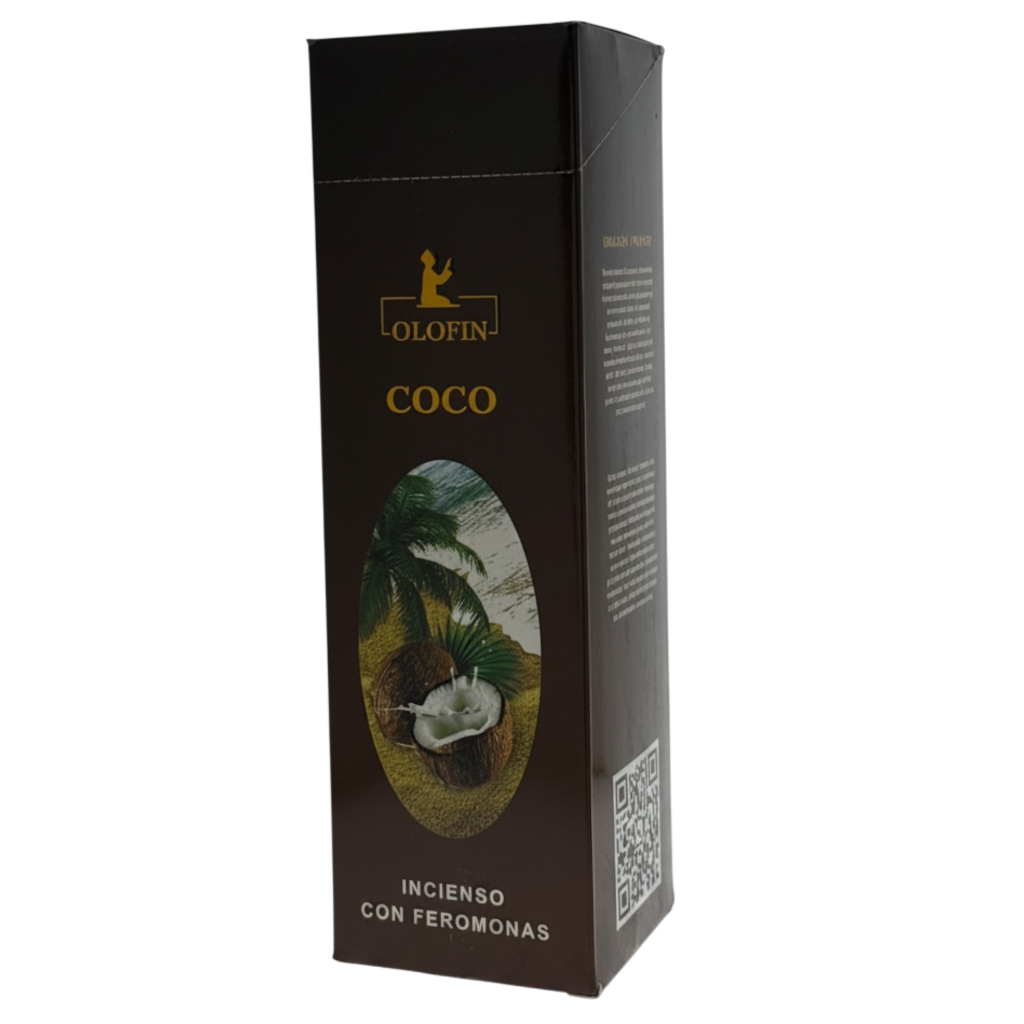 A tall, narrow black box for Olofin Coco Incienso con Feromonas, featuring a graphic of a coconut on the front and product details on a white background.