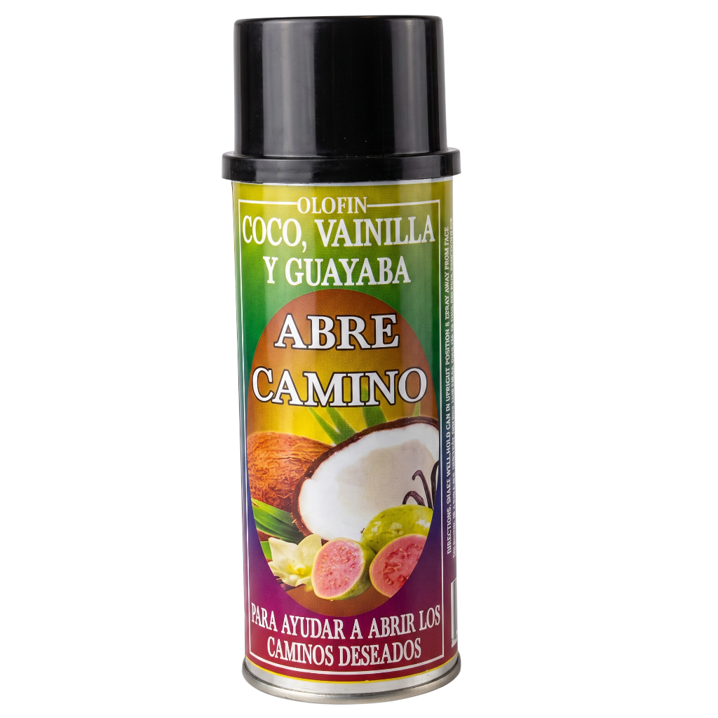 A spray can of Olofin 'Abre Camino' incense burner spray, featuring a black cap and a colorful label with illustrations of a coconut, guava, and other fruits on a white background.