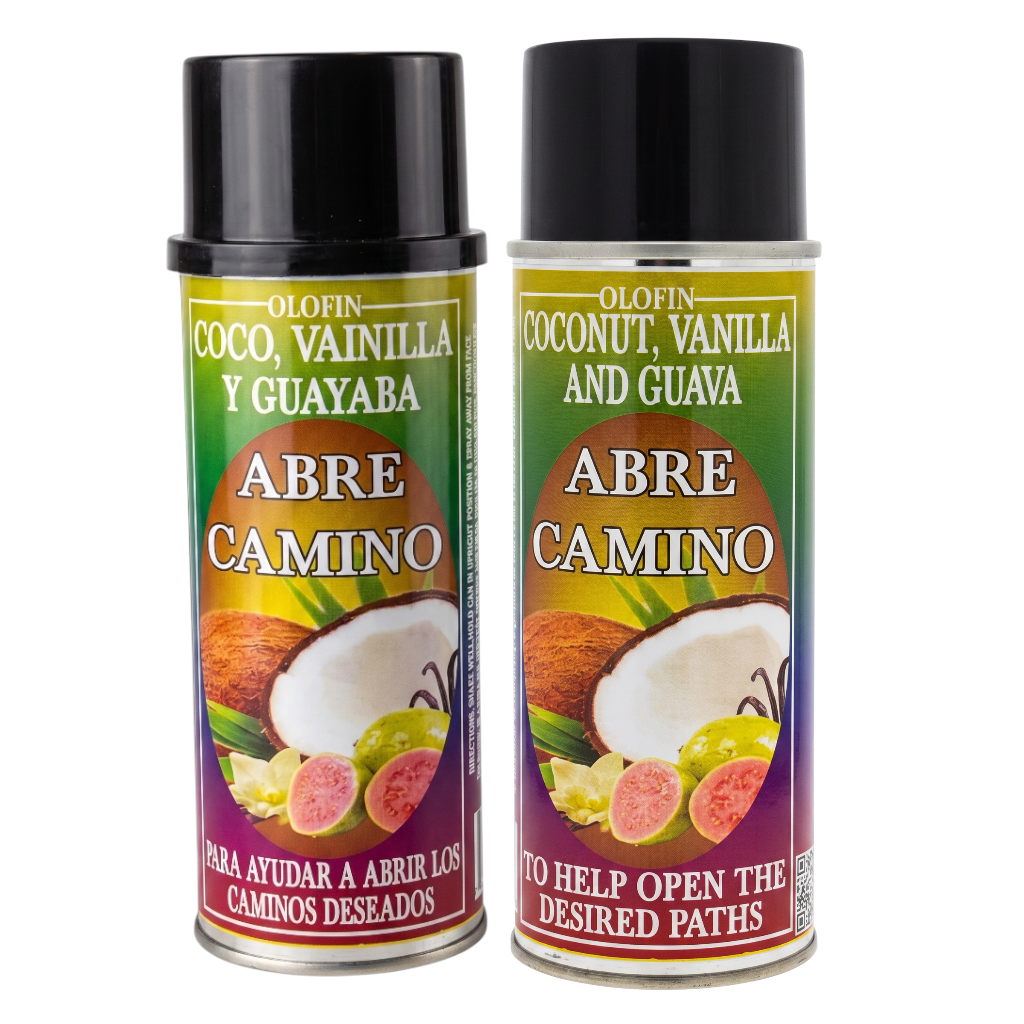 Two Olofin spray cans of 'Coco, Vainilla y Guayaba Abre Camino' (Coconut, Vanilla, and Guava Open the Desired Paths) shown side-by-side on a white background.
