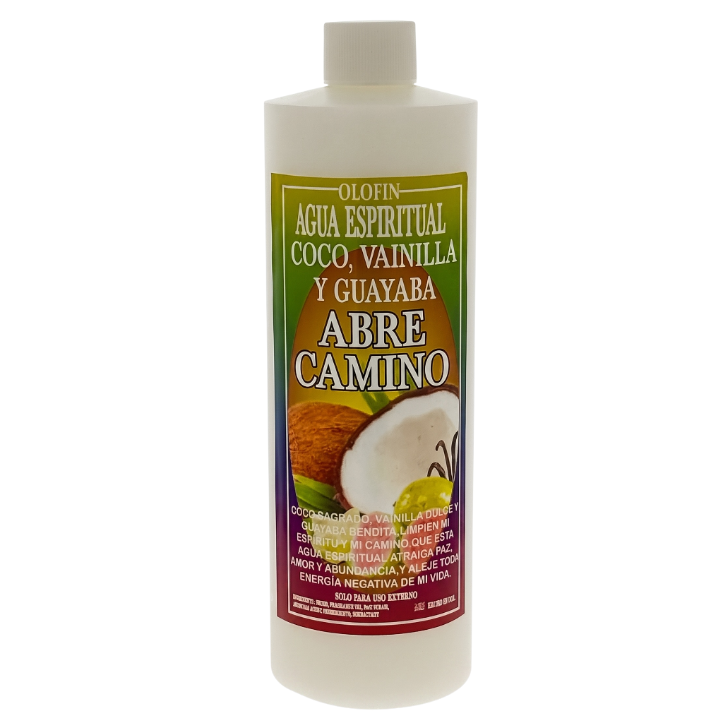 A white plastic bottle of Olofin 'Agua Espiritual' with coconut and vanilla scent, featuring a colorful label with Spanish text and illustrations of a coconut and vanilla bean.