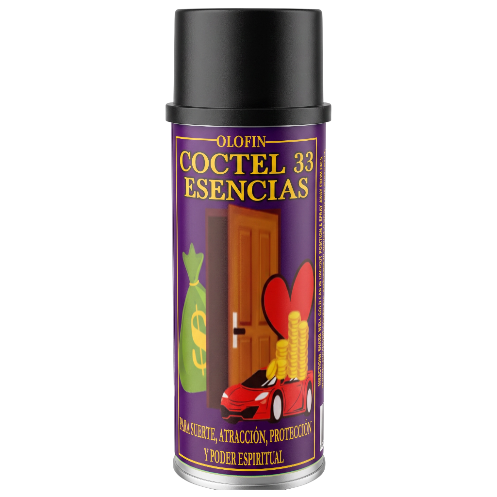 A can of Olofin Coctel 33 Esencias spray, featuring a purple label with gold lettering and illustrations of a door, money bag, red heart, and red sports car, topped with a black cap.