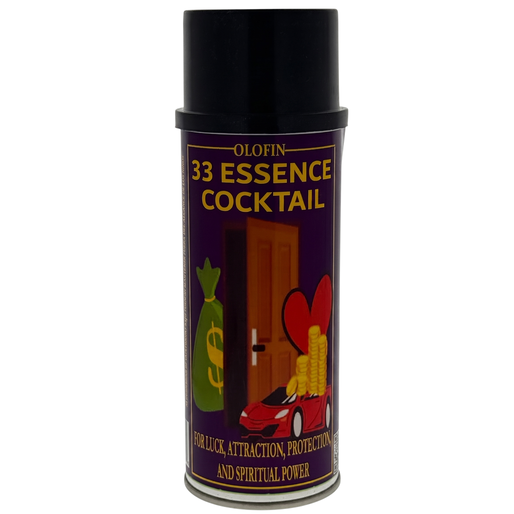 A can of Olofin 33 Essence Cocktail spray with a black cap and a dark purple label featuring gold lettering and illustrations of a money sack, door, coins, and a red car.