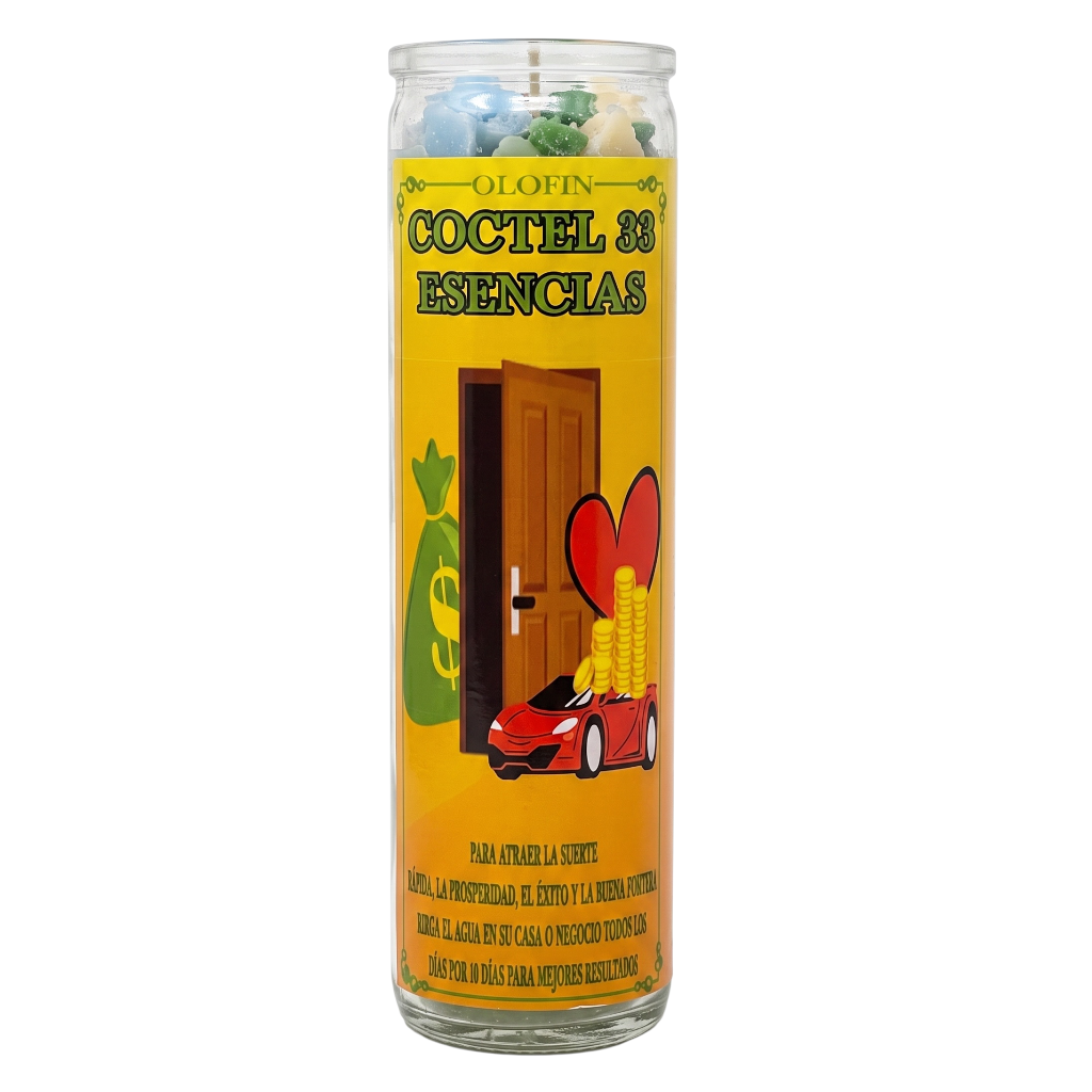 A tall glass jar candle labeled 'GLOFIN COCTEL 88 ESSENCIAS' with a yellow label featuring a brown door, green money bag, red heart, gold coins, and a red car, shown on a white background.