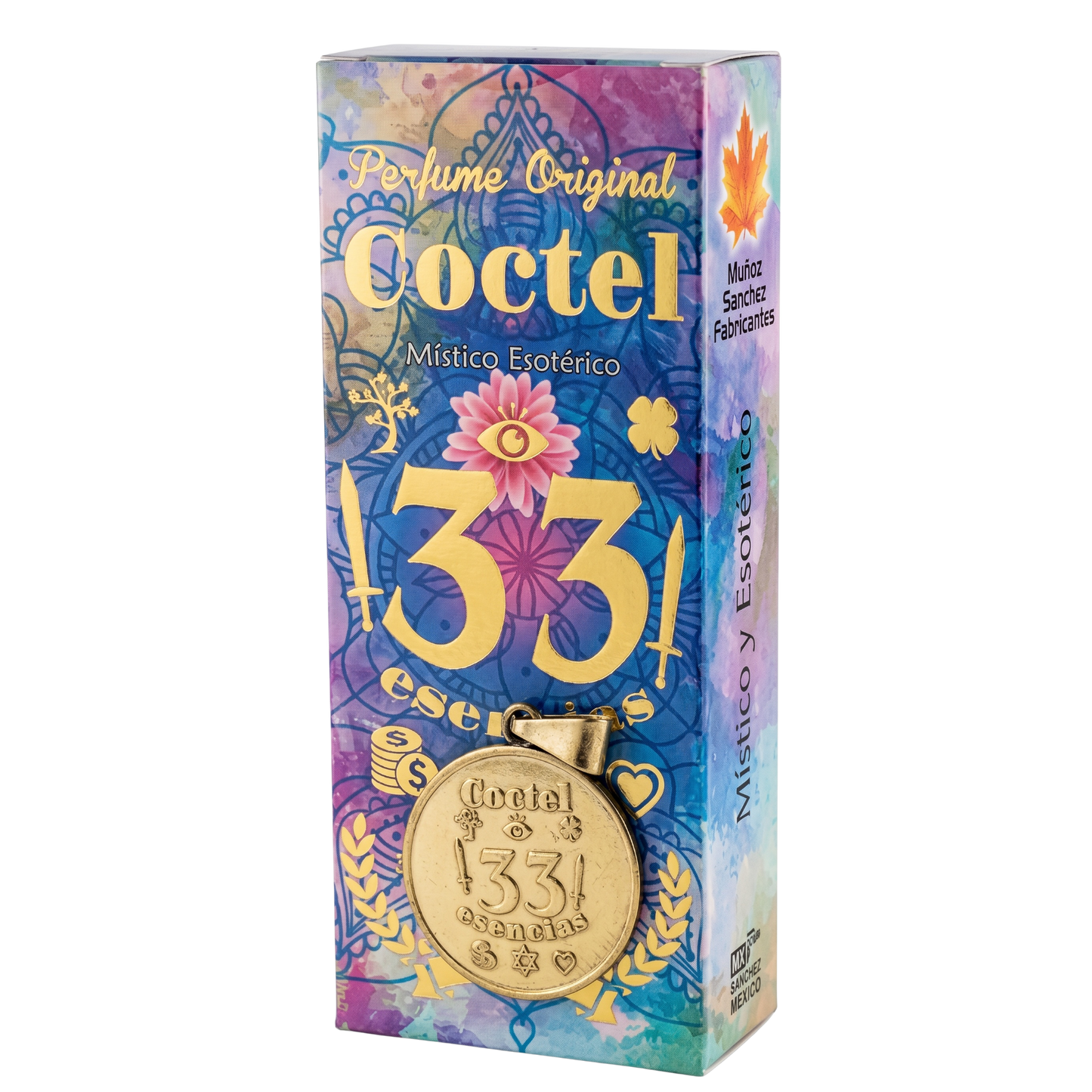 Colorful packaging of Coctel 33 with decorative elements on a white background