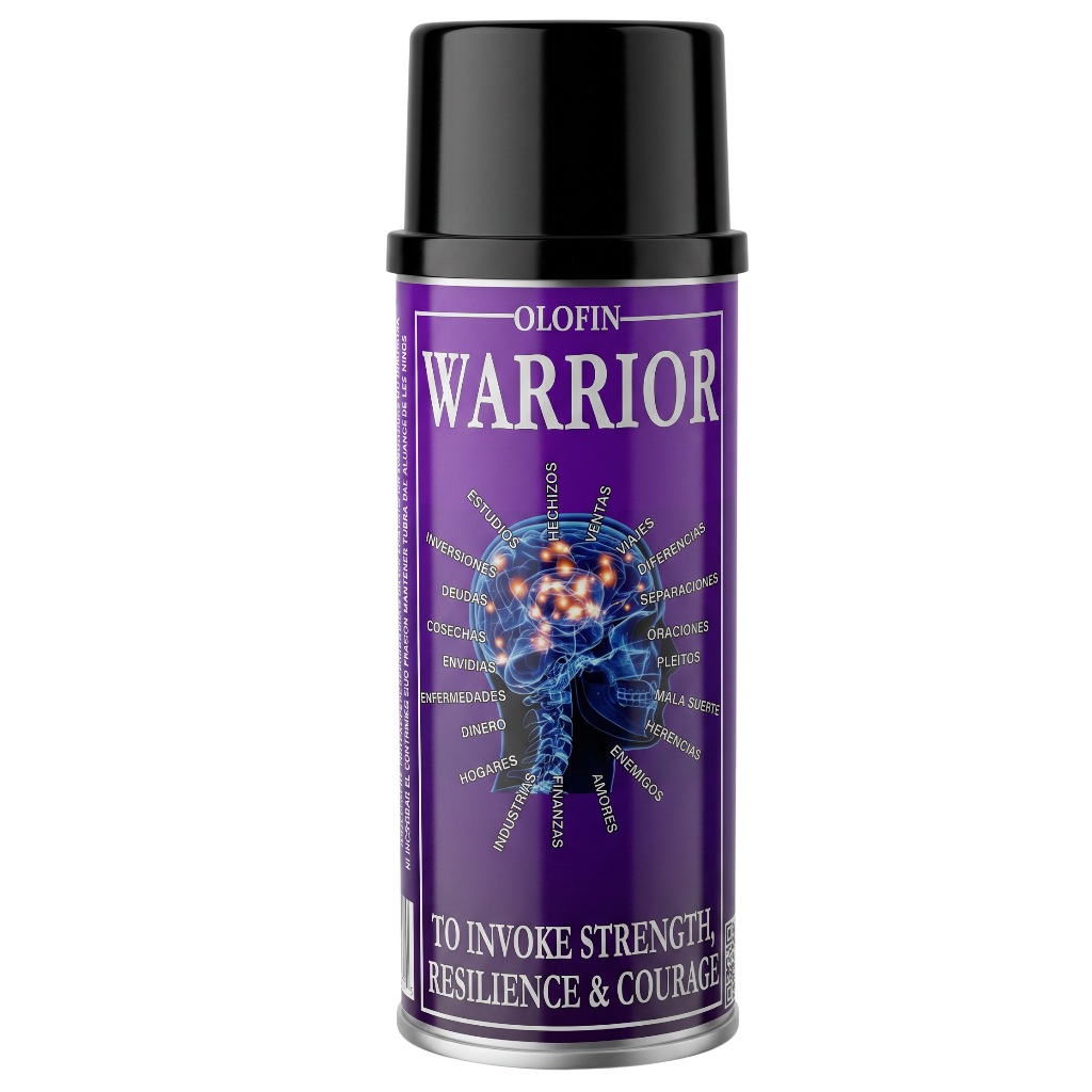 A can of Olofin Warrior fragrance spray with a black cap and a purple label featuring a blue brain graphic and white text.