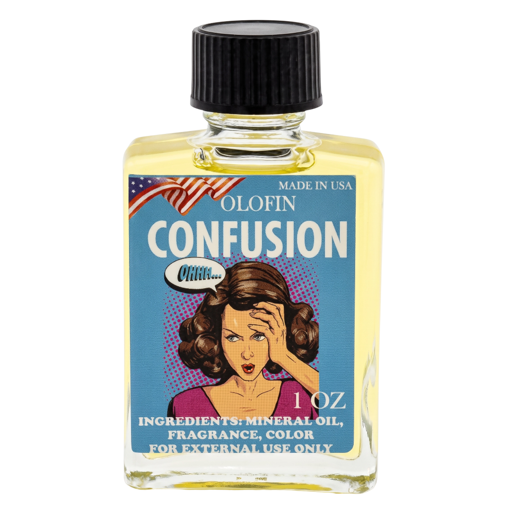 A 1 oz glass bottle of Olofin Confusion mineral oil fragrance with a black cap and a retro-style blue label featuring a woman and an American flag.