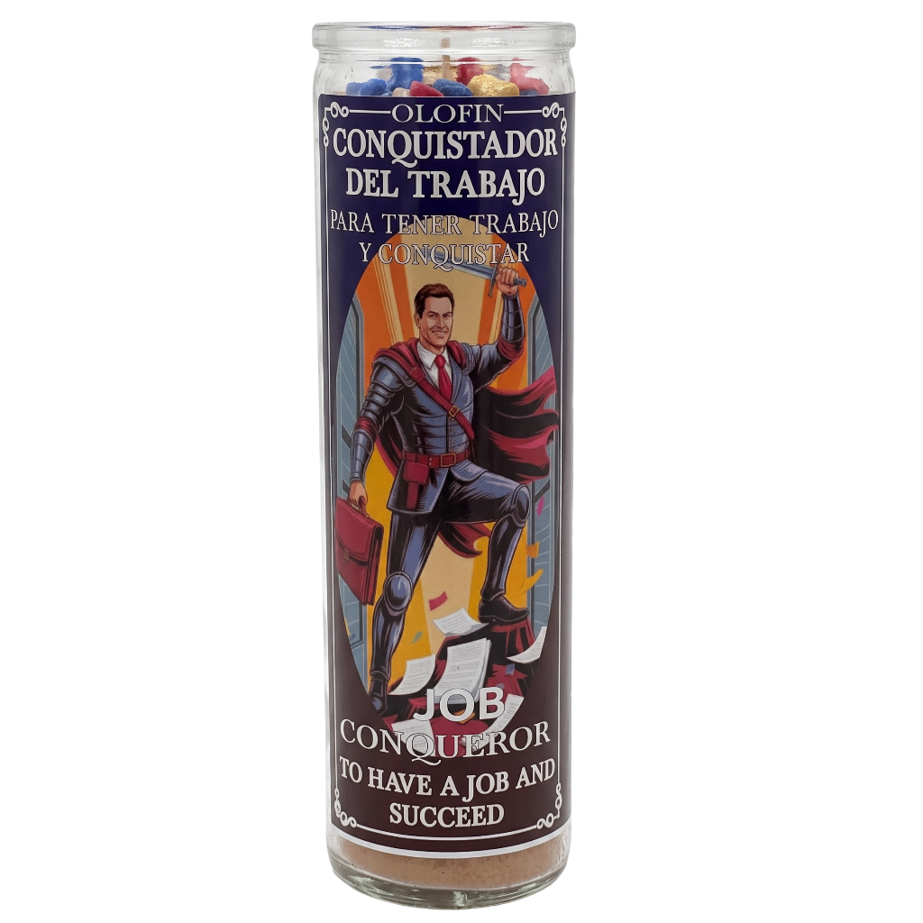 A tall glass jar candle with a printed label featuring a man in a suit and the Spanish text 'Olofin Conquistador del Trabajo' and English text 'Job Conqueror To Have A Job And Succeed'. The candle contains multicolored wax pieces visible at the top, and brown wax is visible at the bottom.