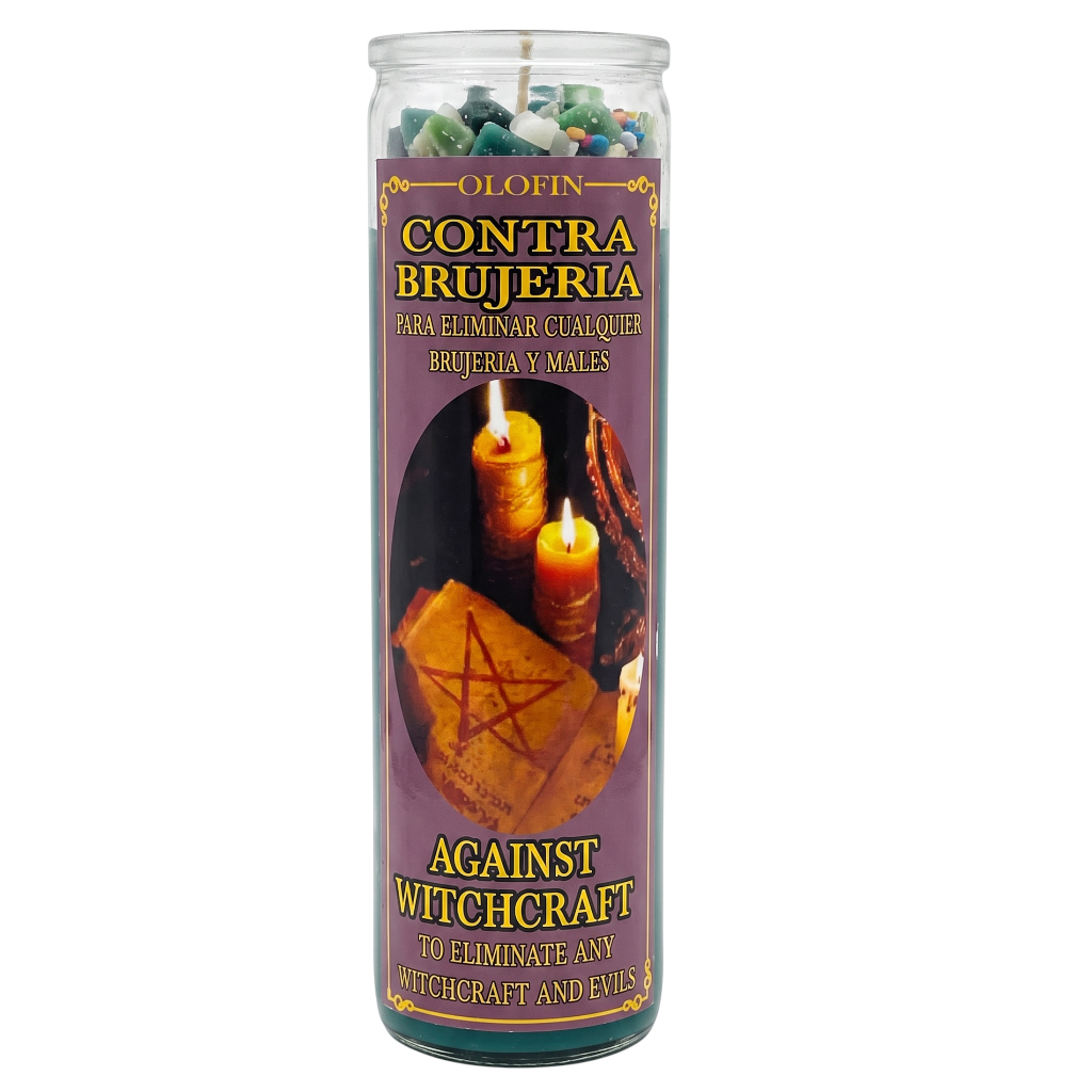 A tall glass jar candle labeled 'Olofin Contra Brujeria' with a purple label showing candles, a pentagram, and the text 'Against Witchcraft' on a white background.