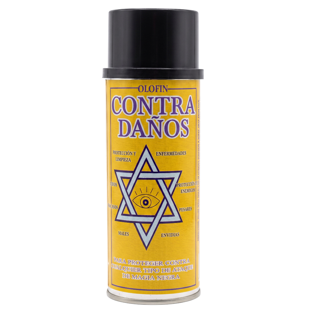 A yellow spray can of Olofin Contra Daños with a black cap, featuring a blue and white Star of David with an eye in the center on a white background.