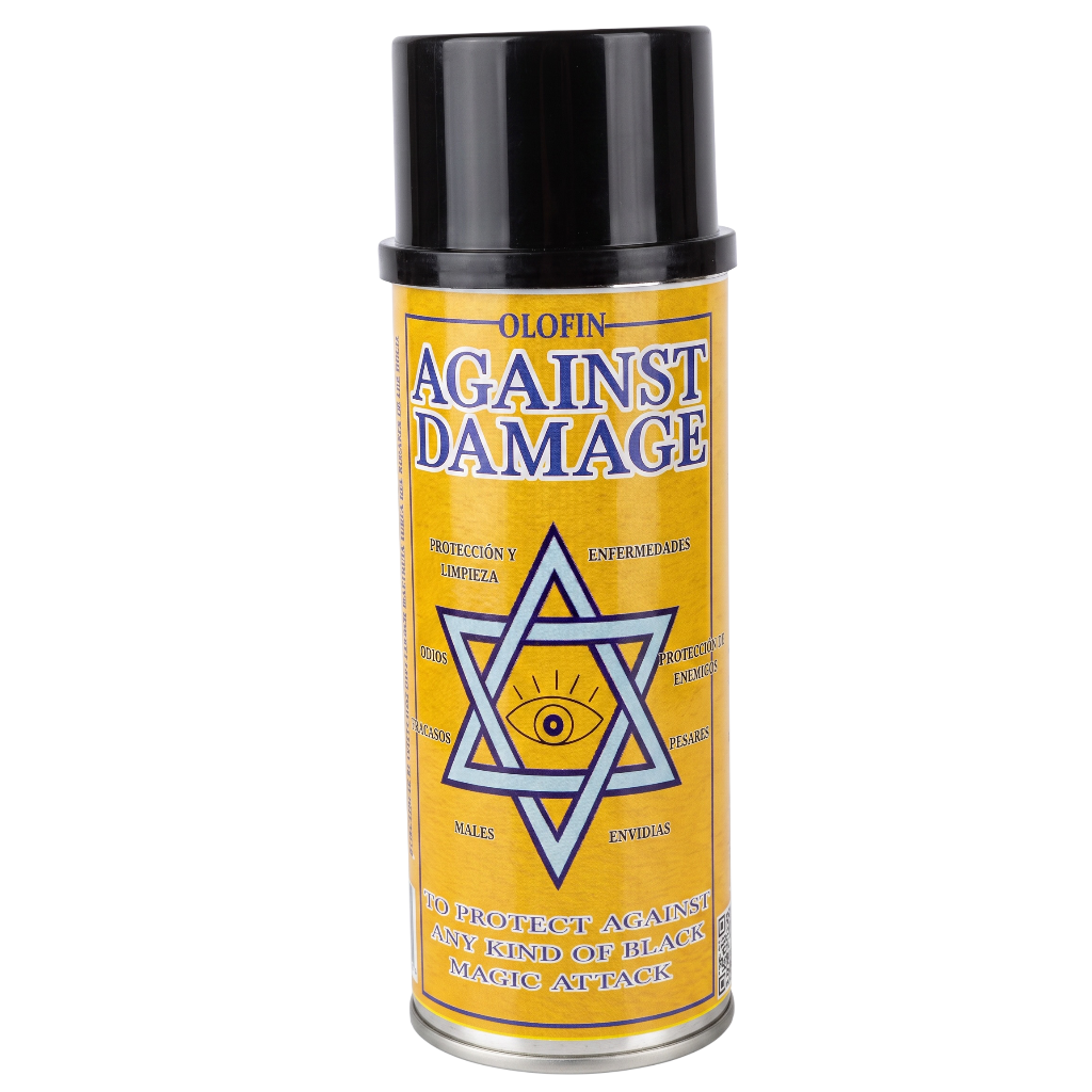 A yellow spray can labeled 'OLOFIN AGAINST DAMAGE' with a black cap, shown on a plain white background.
