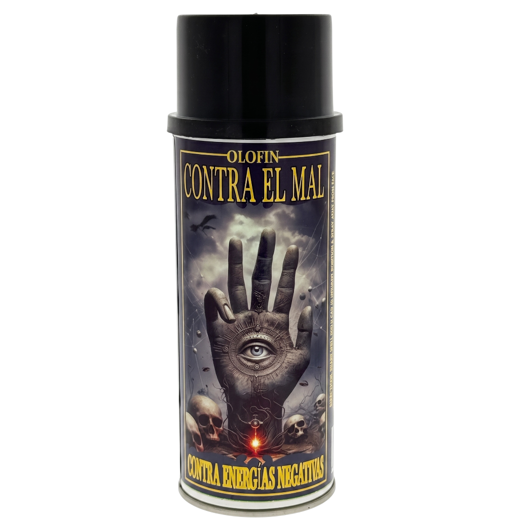 A black spray can of Olofin Contra El Mal, featuring a label with a dark handprint, an eye, skulls, and the text 'OLOFIN CONTRA EL MAL' and 'CONTRA ENERGIAS NEGATIVAS' in gold.