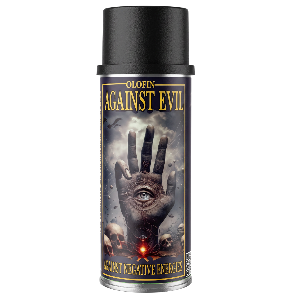 A black spray can with a detailed label reading 'OLOFIN AGAINST EVIL' and 'AGAINST NEGATIVE ENERGIES', featuring a large hand with an eye and skulls on a dark illustrated background.