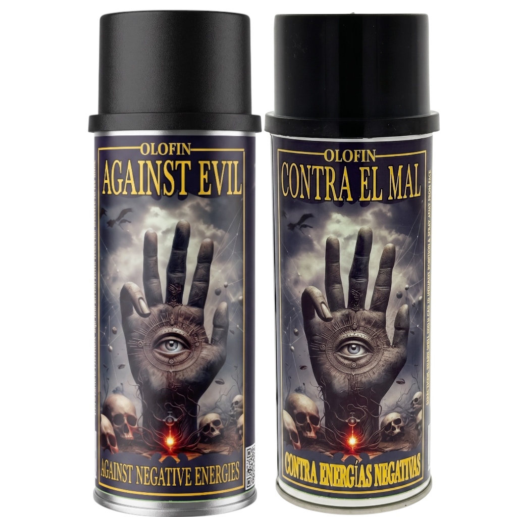 Two spray cans of Olofin Against Evil / Contra El Mal negative energy repelling spray, featuring a dark gothic hand graphic with an eye and skulls on the label.