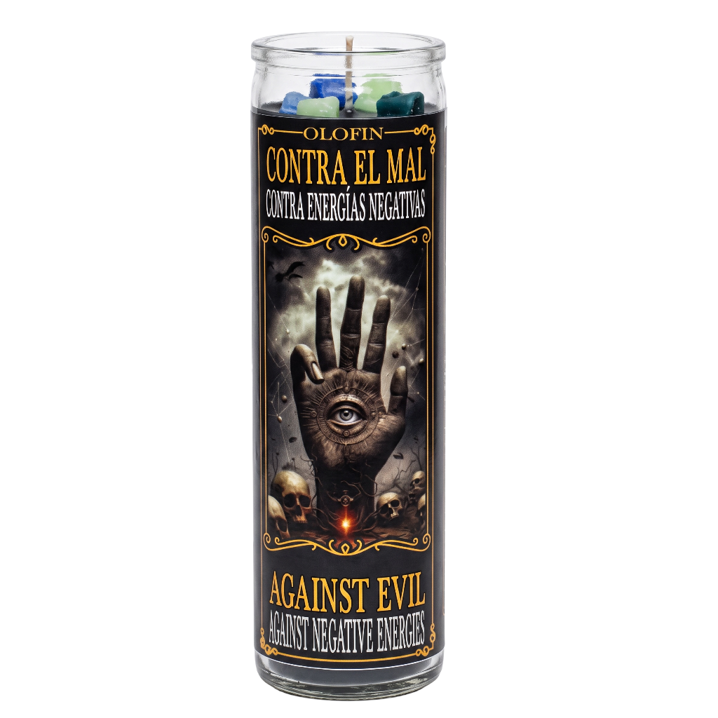 A tall glass jar candle labeled 'Olofin Contra El Mal / Against Evil' with a black label featuring a hand with an eye and dark gothic artwork, shown on a plain white background.