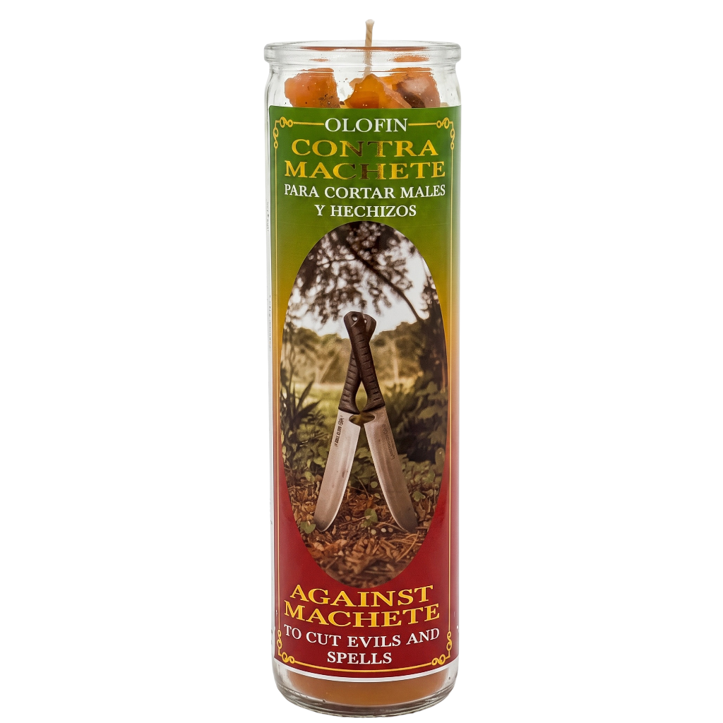 A tall glass prayer candle with a printed label reading 'Olofin Contra Machete' and 'Against Machete,' featuring an illustration of two machetes in a forest. The candle contains orange wax at the top and is shown on a plain white background.