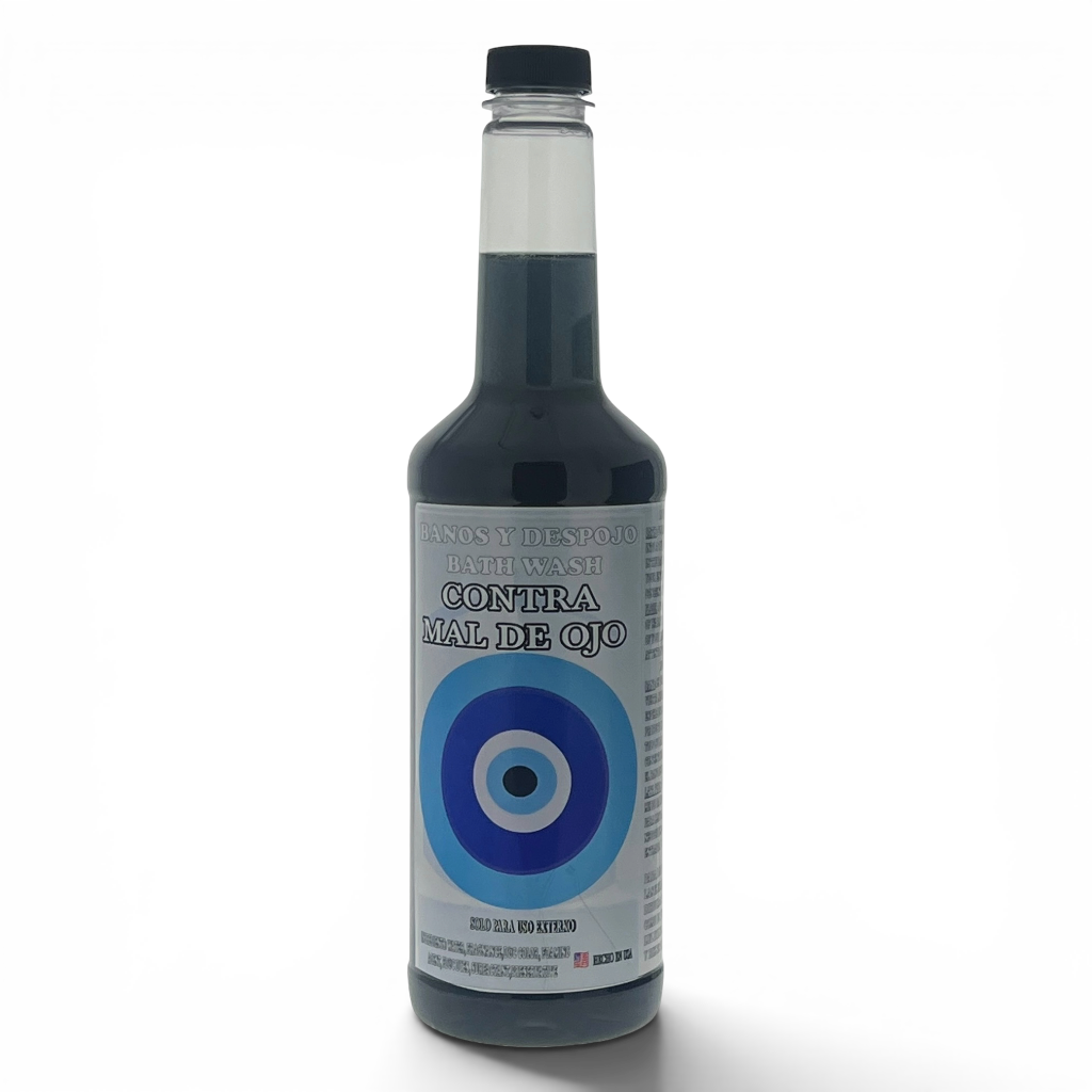 A bottle of Banos & Despojo Bathwash 'Contra Mal de Ojo' featuring a blue evil eye design on the label, set against a plain white background.
