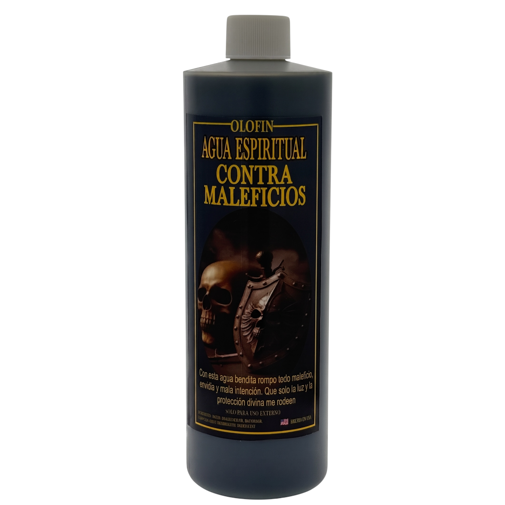 A dark bottle of Olofin Agua Espiritual Contra Maleficios with a gray cap, featuring a black label with gold text and an illustration of a skull and shield.