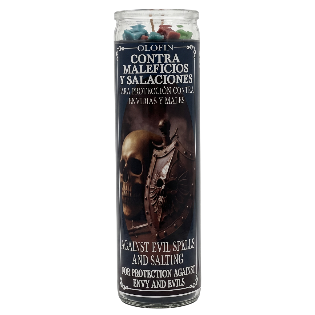 A tall glass jar candle with a black label featuring a skull and shield graphic, labeled 'Olofin Contra Maleficios y Salaciones' in Spanish and English, on a white background.