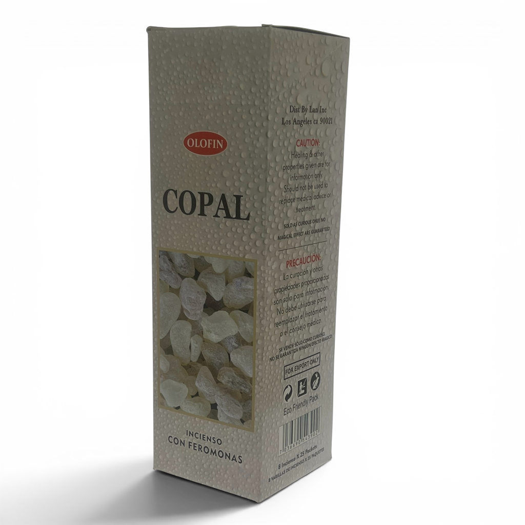A tall rectangular box of Olofin Copal incense with phenolones, featuring a textured beige design, a red Olofin logo, and a clear window showing light-colored stone chips inside.