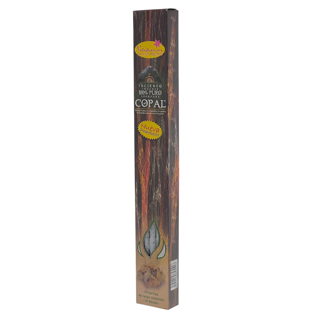 A tall, narrow box of Copal incense sticks with a dark brown wood-grain pattern, featuring yellow circular badges and a small illustration of a green leaf near the bottom, set against a plain white background.