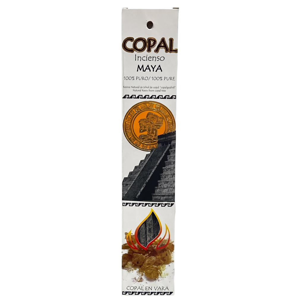 A tall, narrow white package labeled COPAL Incienso MAYA, with black text, a gold circular emblem, a gray stepped pyramid graphic, and a small incense burner illustration near the bottom, shown on a plain white background.