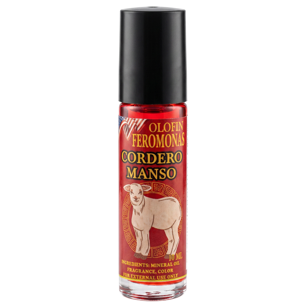 A 10 mL roll-on bottle of Olofin Feromonas Cordero Manso fragrance oil, featuring a red label with a sheep illustration and a black cap, set against a plain white background.