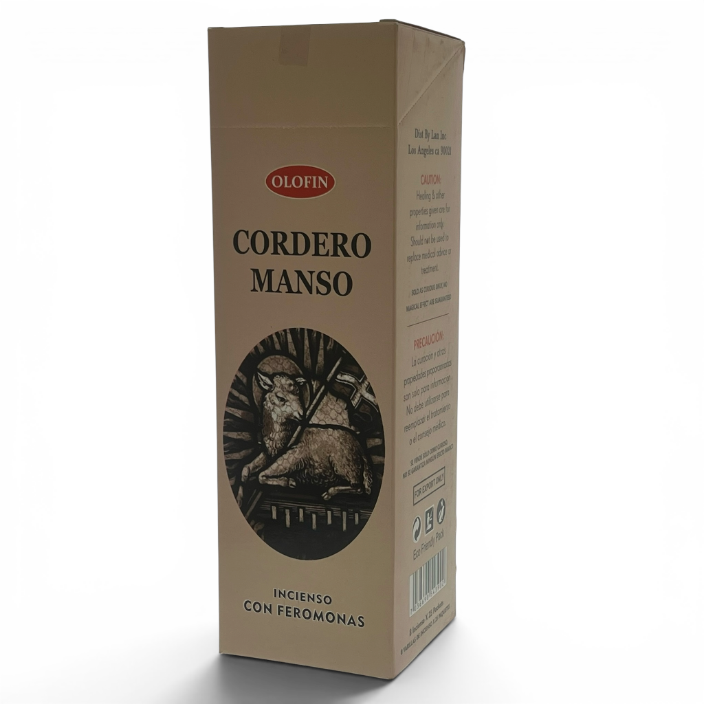 A tall rectangular cardboard box of Olofin Cordero Manso incense with pheromones, featuring a brown and black illustration of a wolf on the front, set against a plain white background.