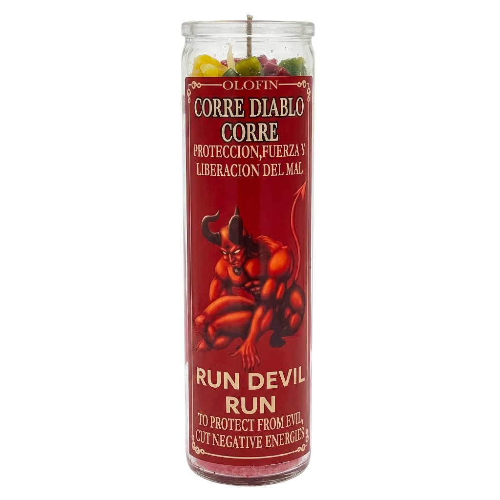 A tall glass jar candle with a red label featuring a devil illustration and Spanish text reading 'Corre Diablo Corre' and 'Run Devil Run.' The candle is shown upright on a plain white background.