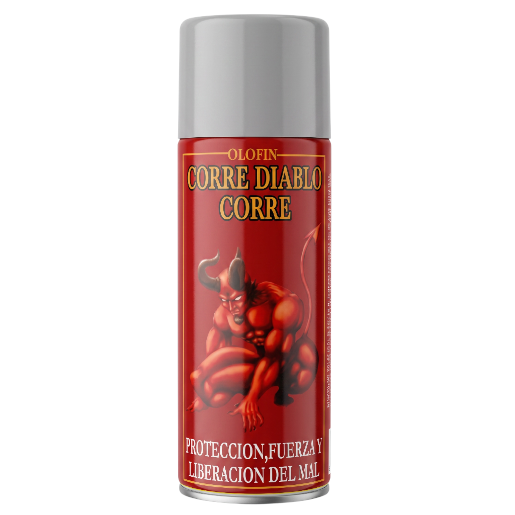A can of Olofin 'Corre Diablo' protection spray with a red label featuring a devil illustration and a gray cap, shown on a plain white background.