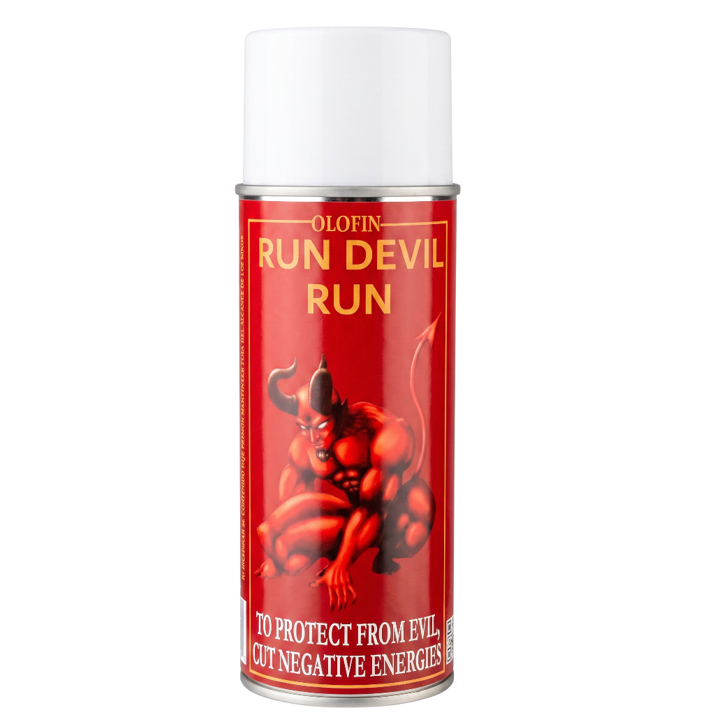 A can of Olofin Run Devil Run spray, featuring a red label with a graphic of a red devil and white text, topped with a white cap, on a plain white background.