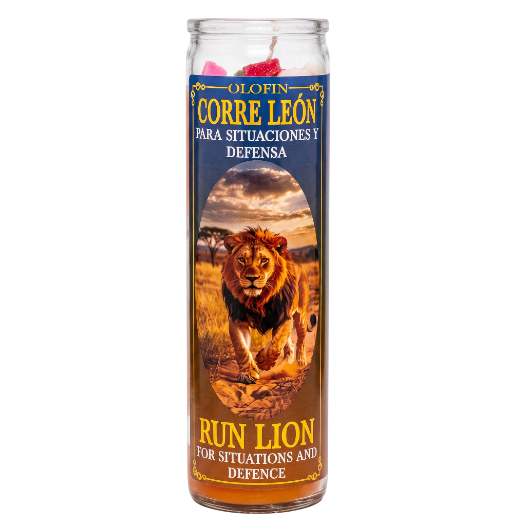 A tall glass prayer candle with a colorful label featuring a lion in a savanna scene. The label reads 'Olofin Corre Léon Para Situaciones Y Defensa' and 'Run Lion For Situations and Defence'.
