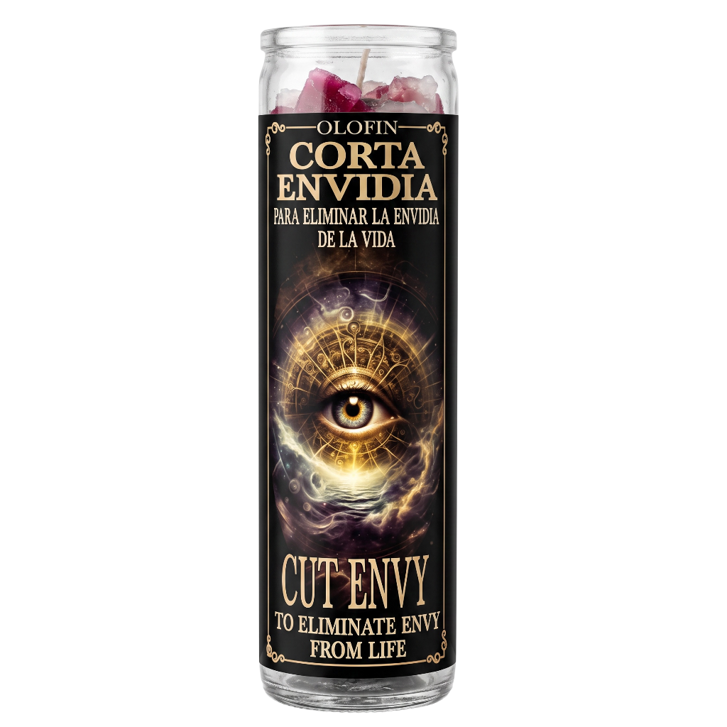A tall glass jar candle with a black label featuring a golden eye illustration and Spanish text reading 'Olofin Corta Envidia' and 'Cut Envidia to Eliminate Envy from Life.' The candle contains pink and purple wax pieces visible at the top, shown on a plain white background.