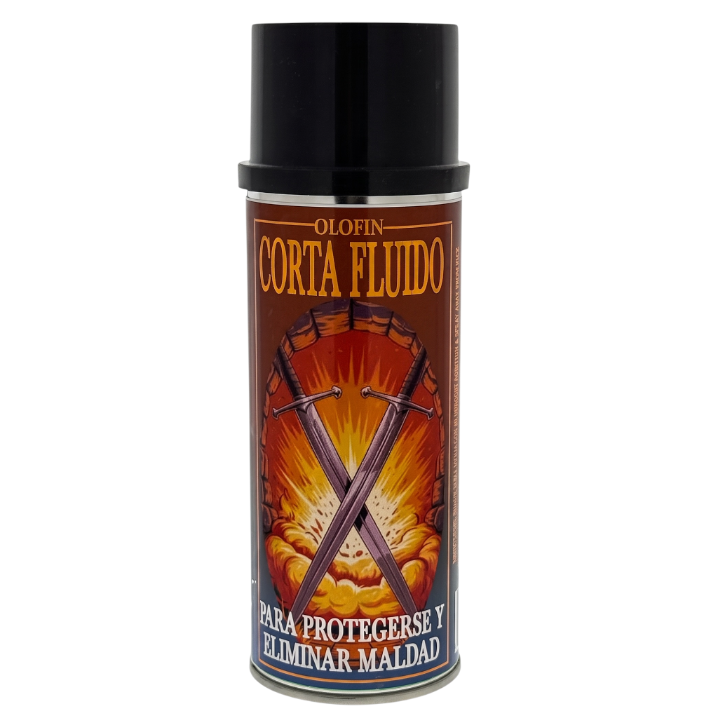 A can of Olofin Corta Fluido spray, featuring a black cap and a label with a fiery graphic of crossed swords over a gold background, on a plain white background.