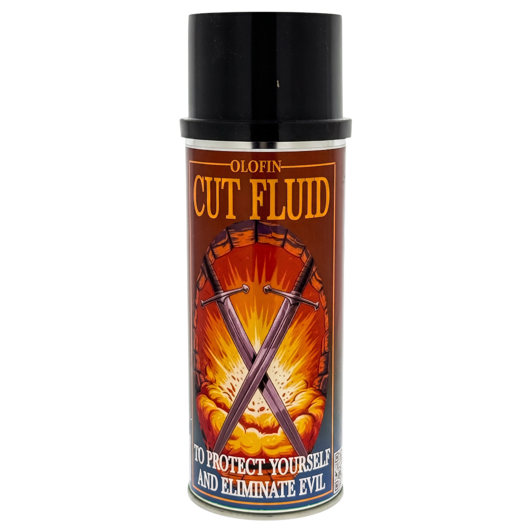 A can of Olofin Cut Fluid spray with a black cap and a label featuring crossed swords over a fiery orange and yellow background, on a white studio background.