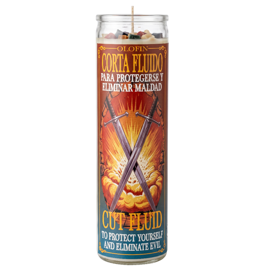 A tall glass jar candle labeled 'Corta Fluido' with a red, orange, and blue label featuring crossed swords and flames. The text reads 'Para protegerse y eliminar maldad' and 'Cut fluid to protect yourself and eliminate evil.