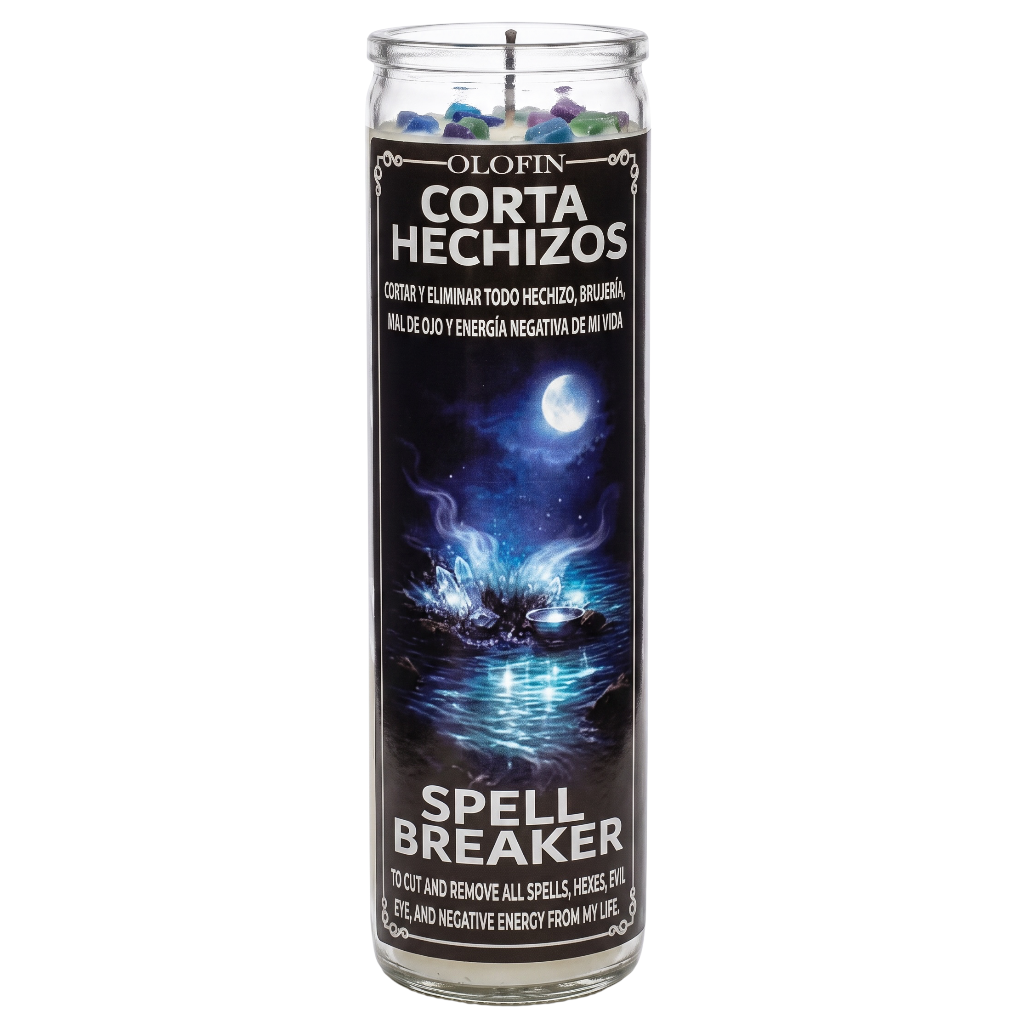 A tall glass jar candle labeled 'Olofin Corta Hechizos Spell Breaker' with a dark label showing a blue moonlit scene and multicolored chips visible at the top, on a white background.