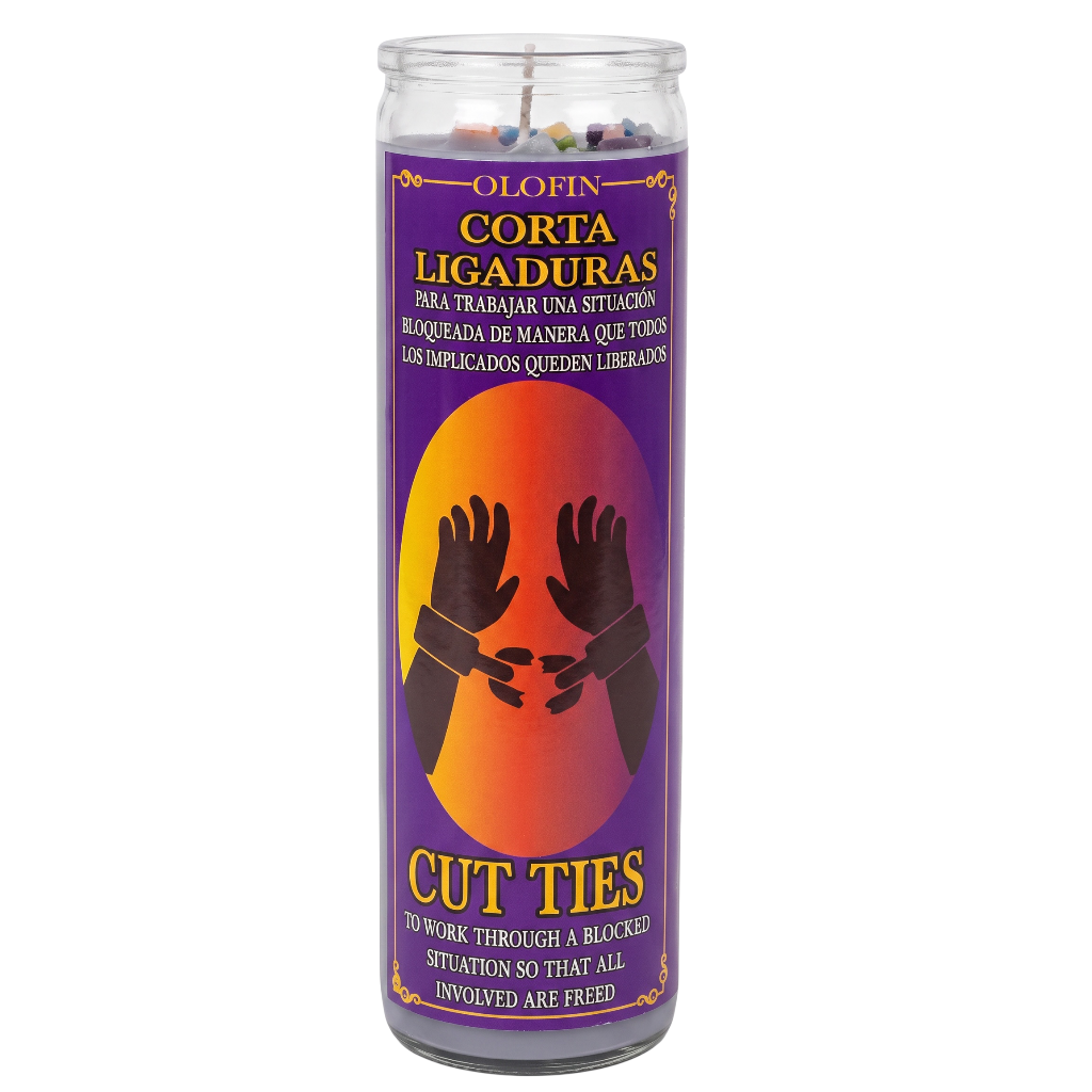 A tall glass jar candle labeled 'Olofin Corta Ligaduras' with a purple label featuring a yellow-to-orange gradient circle, black hands graphic, and text reading 'Cut Ties.'.